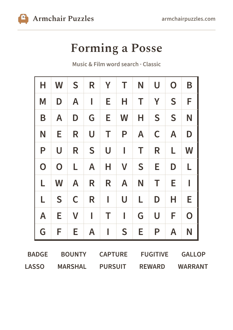 The printable Forming a Posse word search sheet: large-print Classic grid with its word list