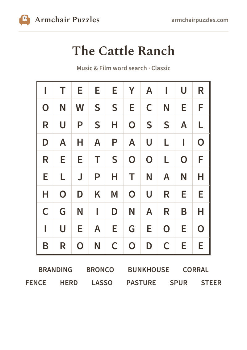 The printable The Cattle Ranch word search sheet in large print