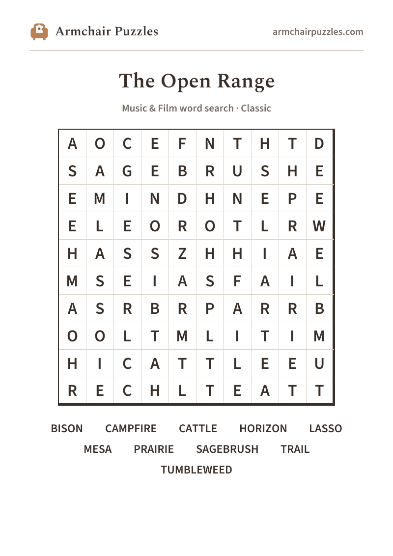 The printable The Open Range word search sheet: large-print Classic grid with its word list