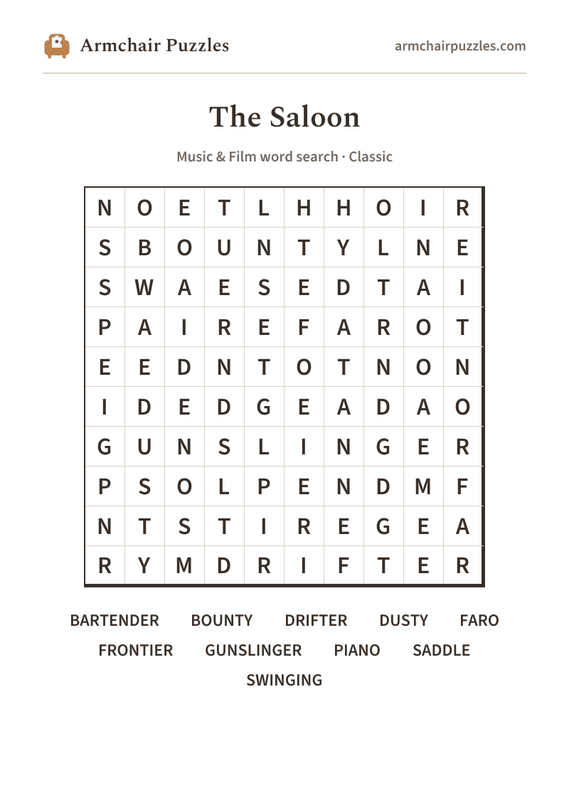 The printable The Saloon word search sheet
