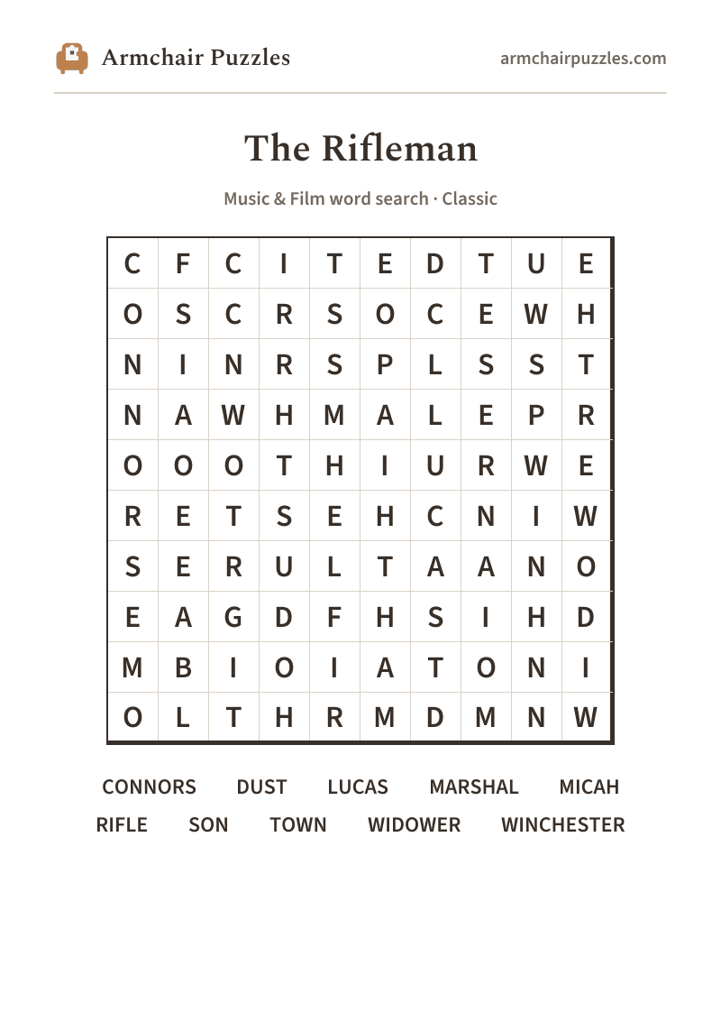 The printable The Six-Shooter word search sheet: large-print Classic grid with its word list