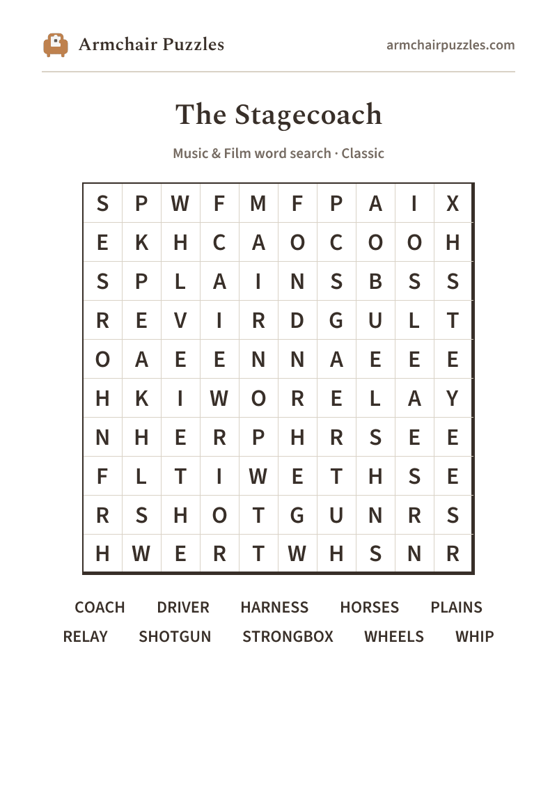 The printable The Stagecoach word search sheet in large print