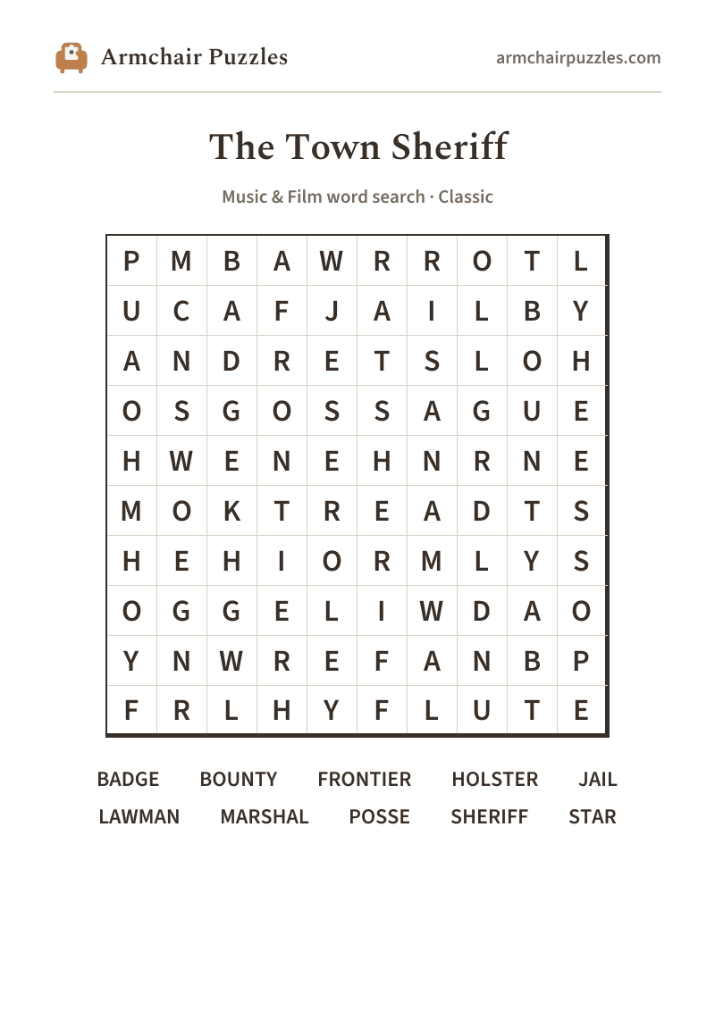 The printable The Town Sheriff word search sheet in large print