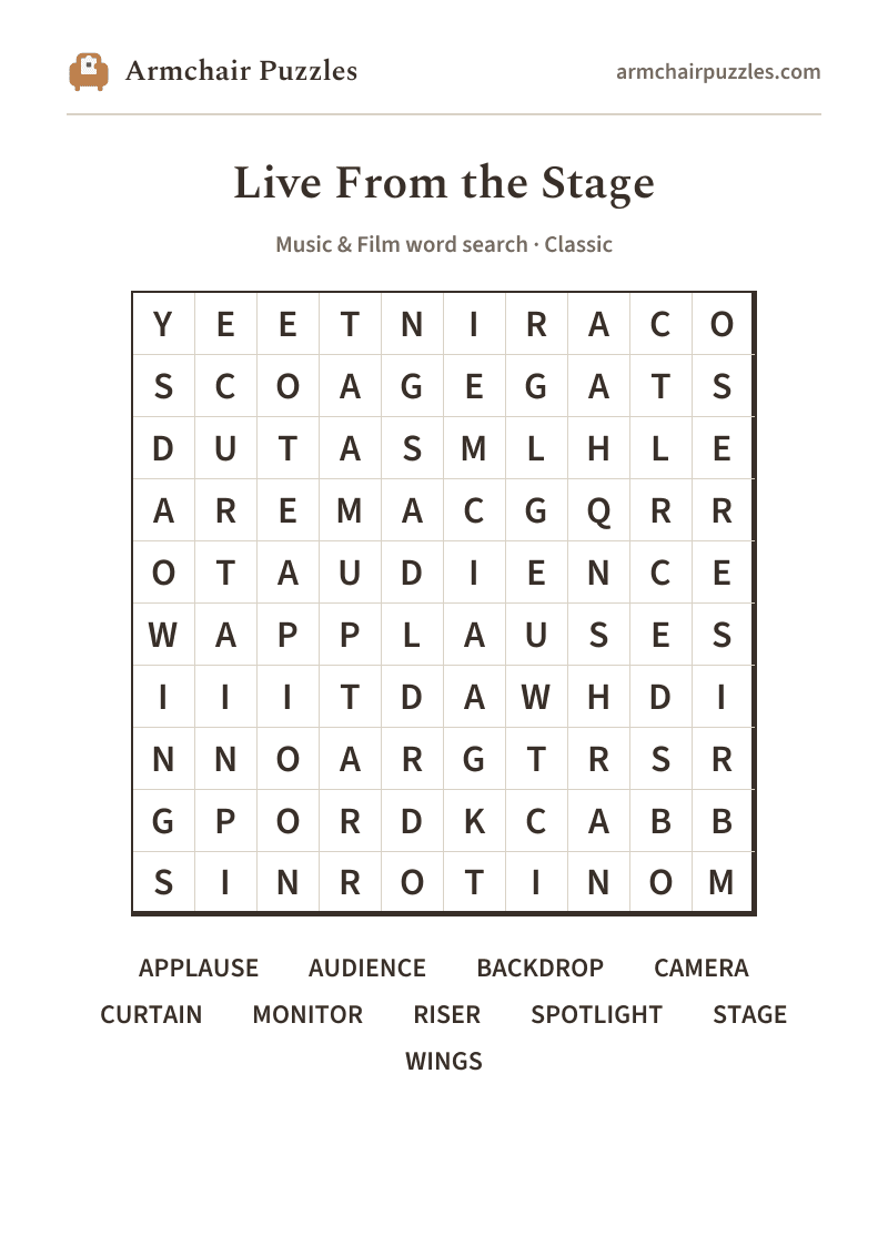 The printable Live From the Stage word search sheet