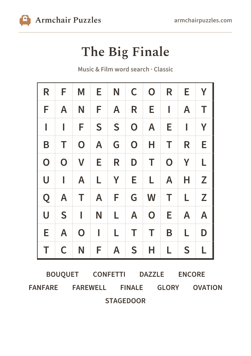 The printable The Big Finale word search sheet