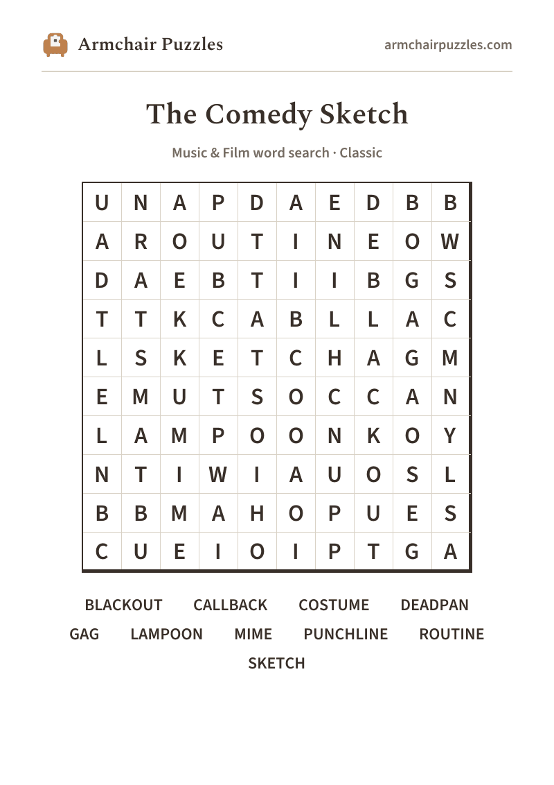 The printable The Comedy Sketch word search sheet