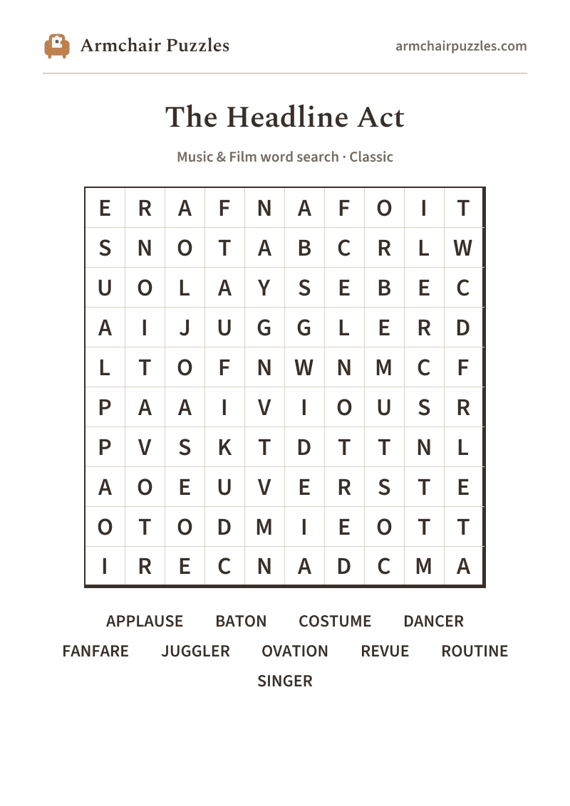 The printable The Headline Act word search sheet