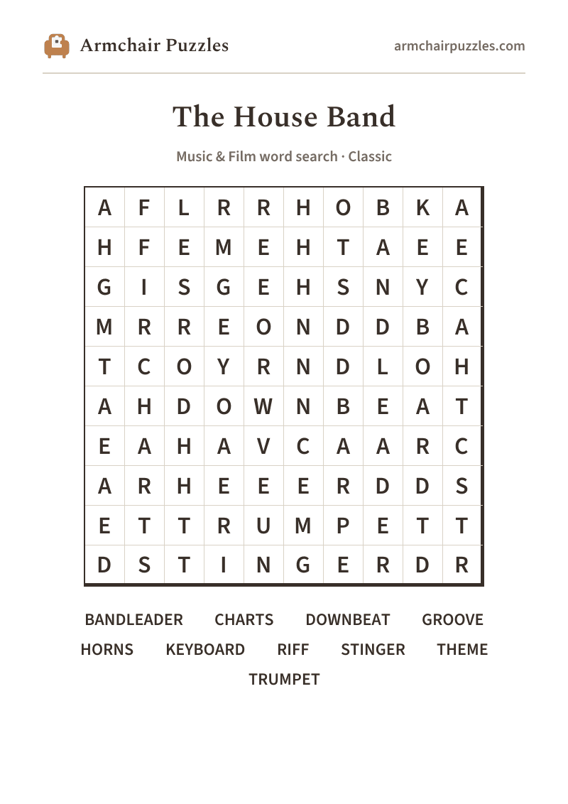 The printable The House Band word search sheet