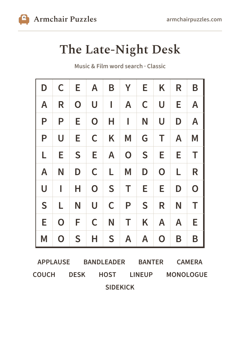 The printable The Late-Night Desk word search sheet