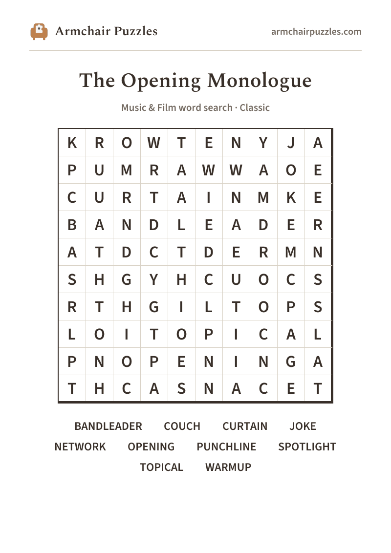 The printable The Opening Monologue word search sheet