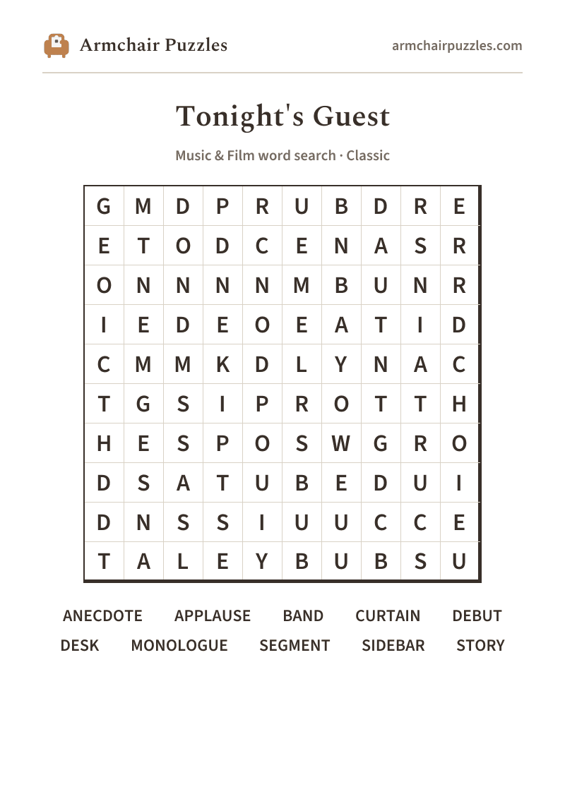 The printable Tonight's Guest word search sheet