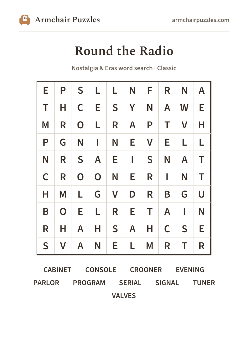 The printable Round the Radio word search sheet