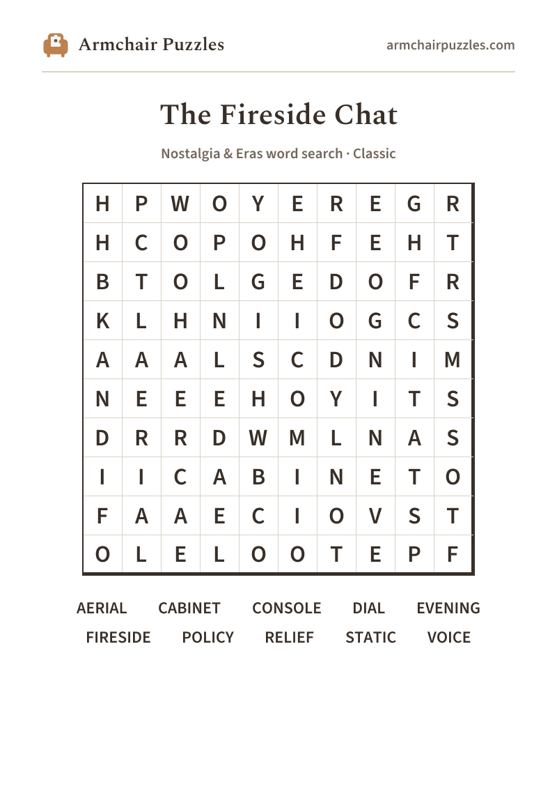 The printable The Fireside Chat word search sheet