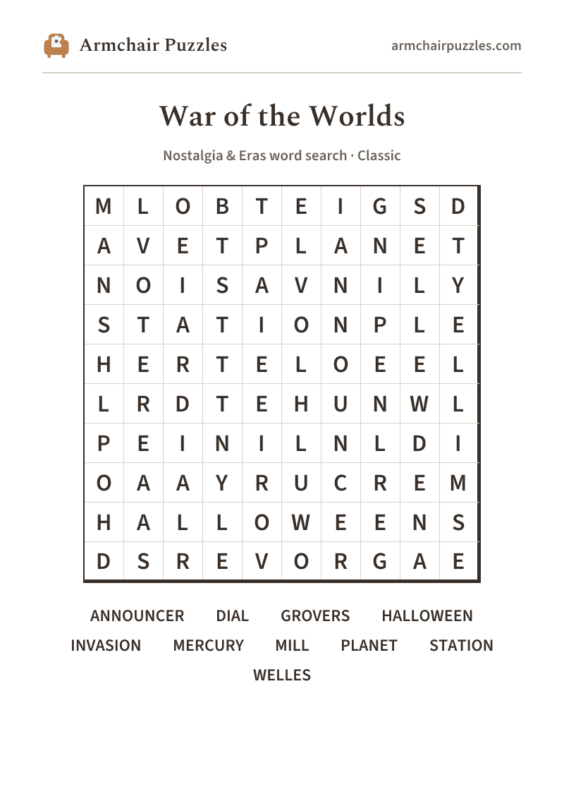 The printable War of the Worlds word search sheet: large-print Classic grid with its word list