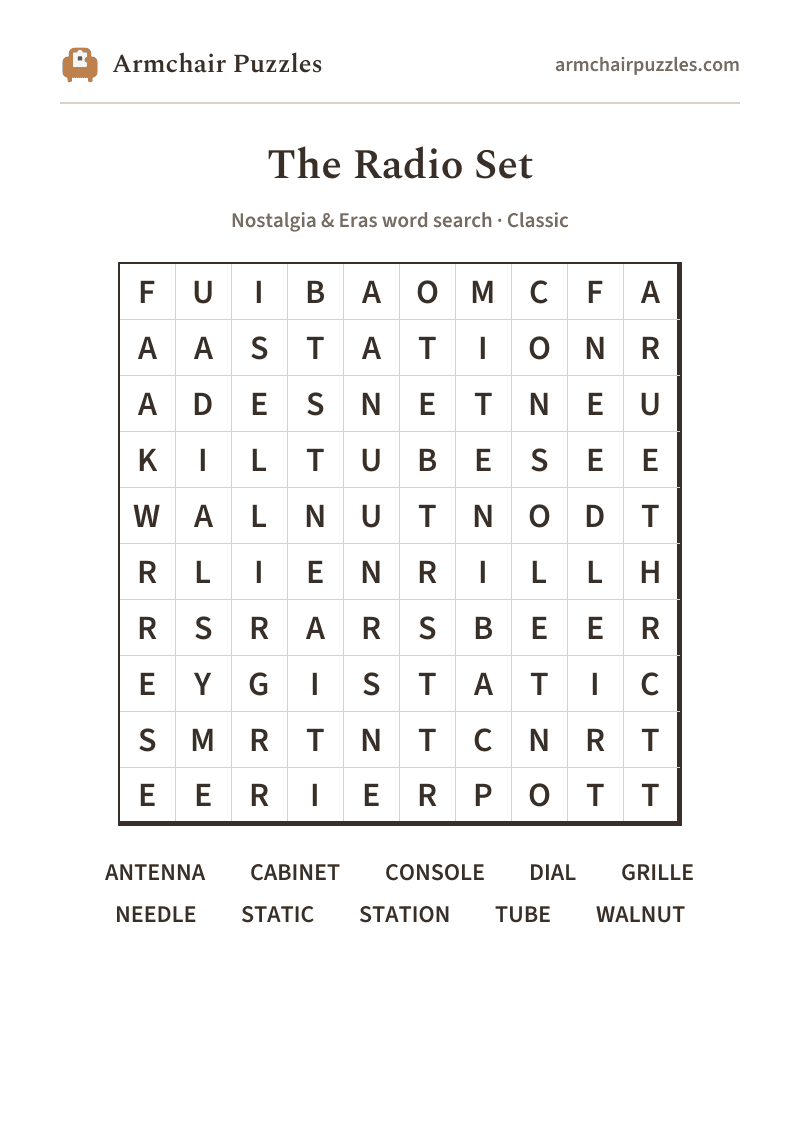 The printable The Radio Set word search sheet