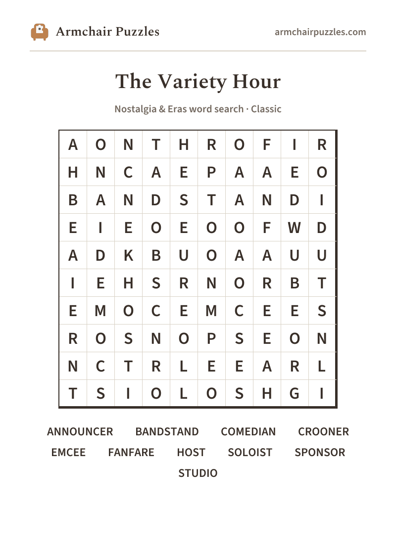 The printable The Variety Hour word search sheet