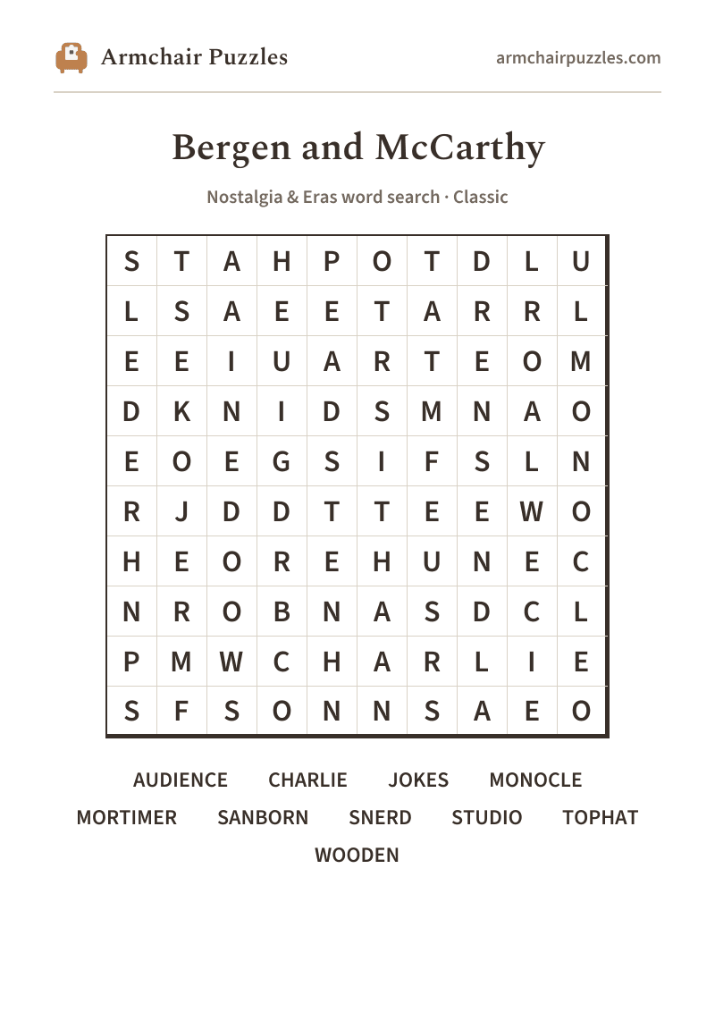 The printable Bergen and McCarthy word search sheet