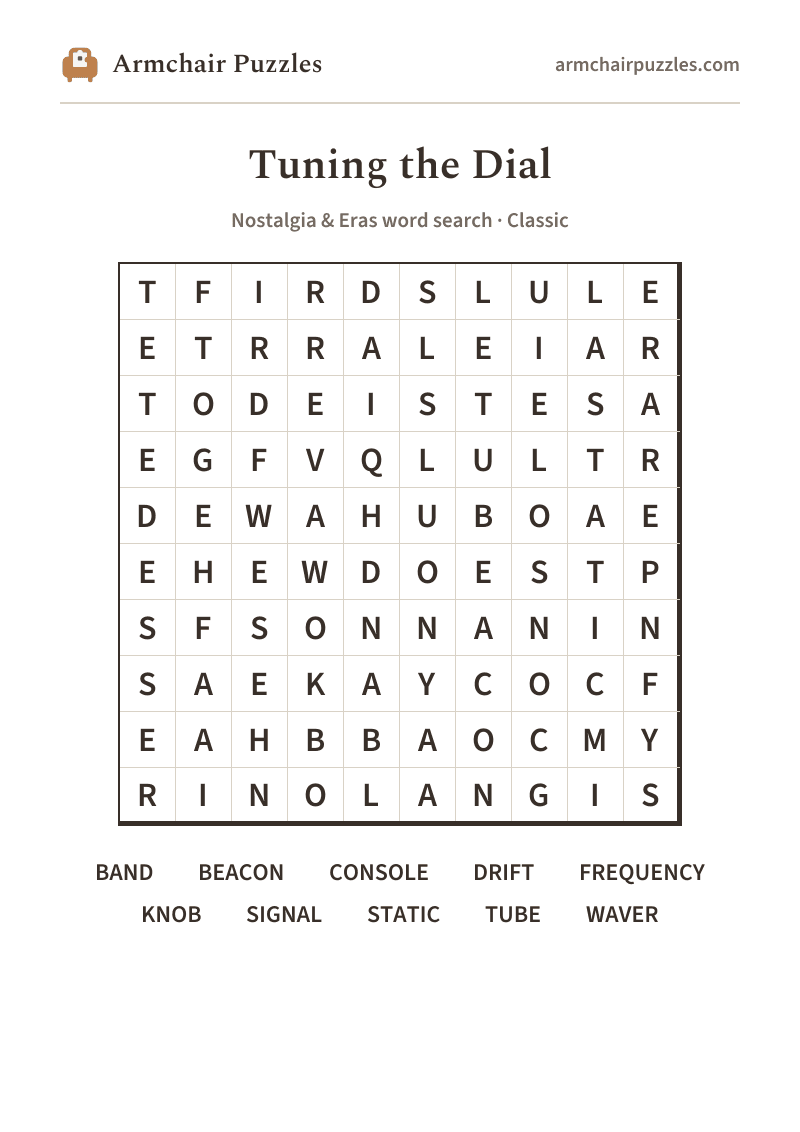 The printable Tuning the Dial word search sheet: large-print Classic grid with its word list