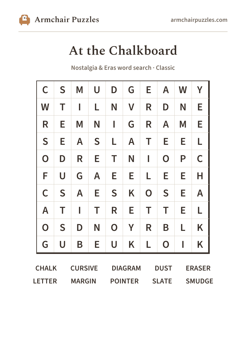 The printable At the Chalkboard word search sheet