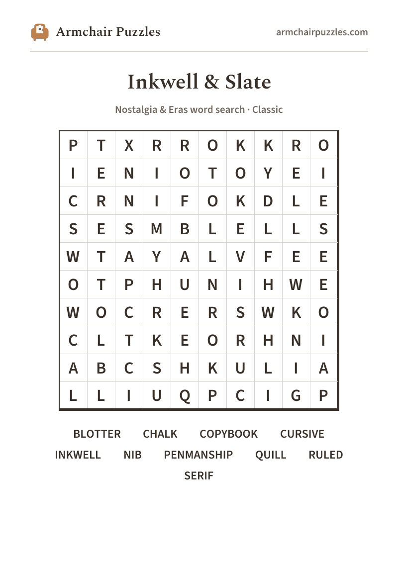 The printable Inkwell & Slate word search sheet