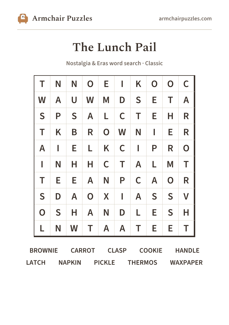 The printable The Lunch Pail word search sheet