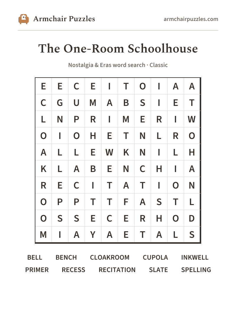 The printable The One-Room Schoolhouse word search sheet