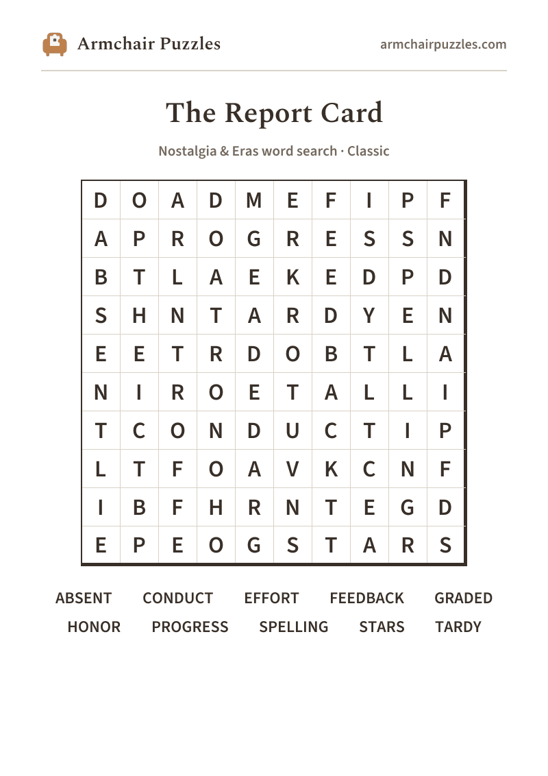 The printable The Report Card word search sheet