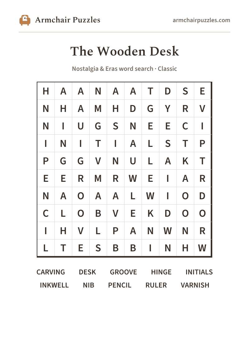 The printable The Wooden Desk word search sheet