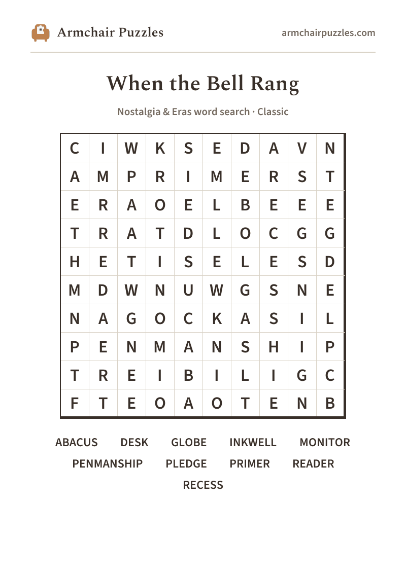 The printable When the Bell Rang word search sheet: large-print Classic grid with its word list