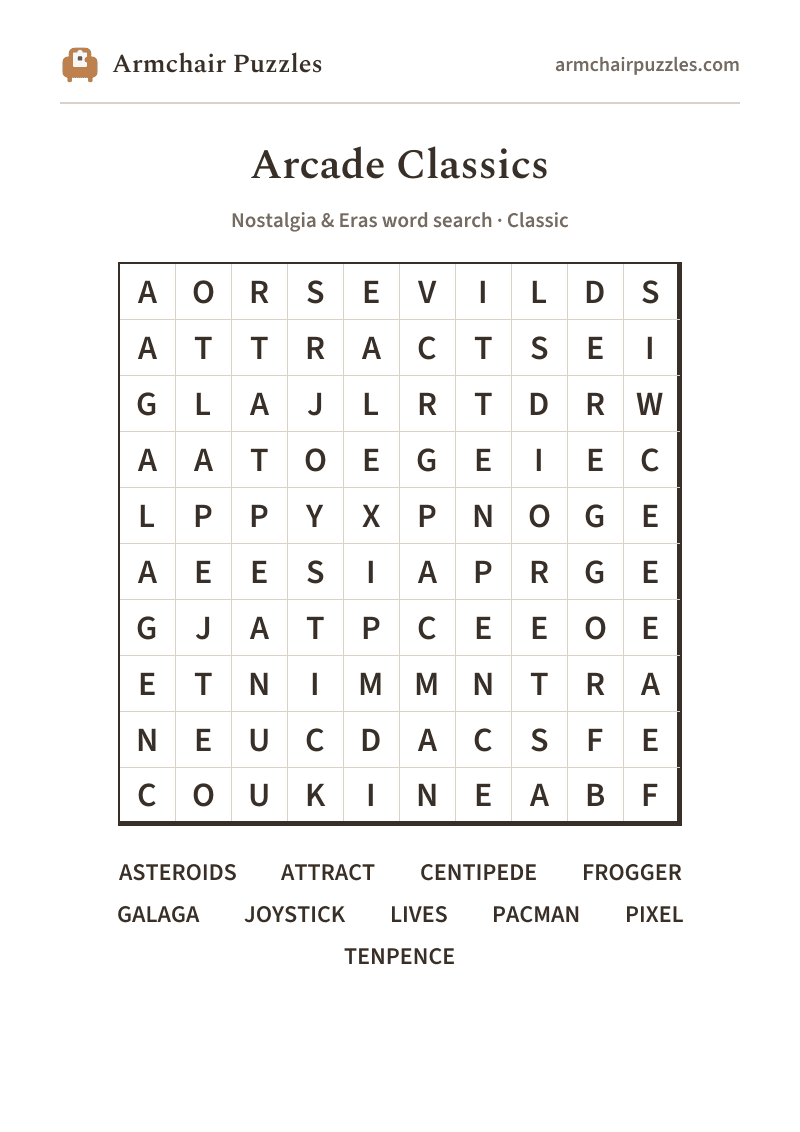 The printable Arcade Classics word search sheet in large print