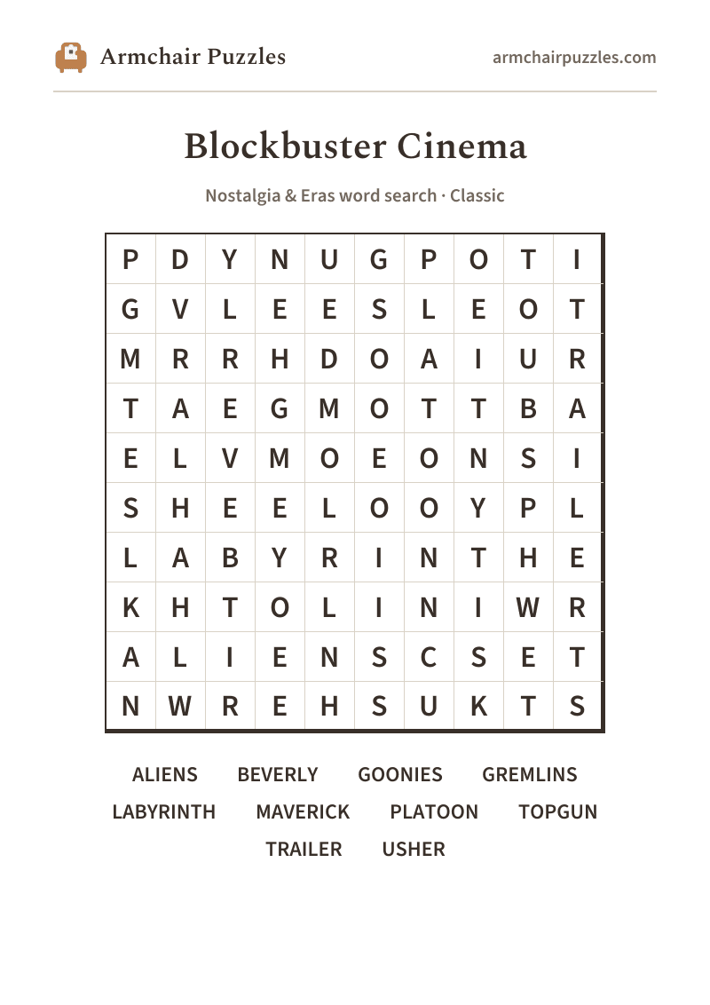 The printable Blockbuster Cinema word search sheet
