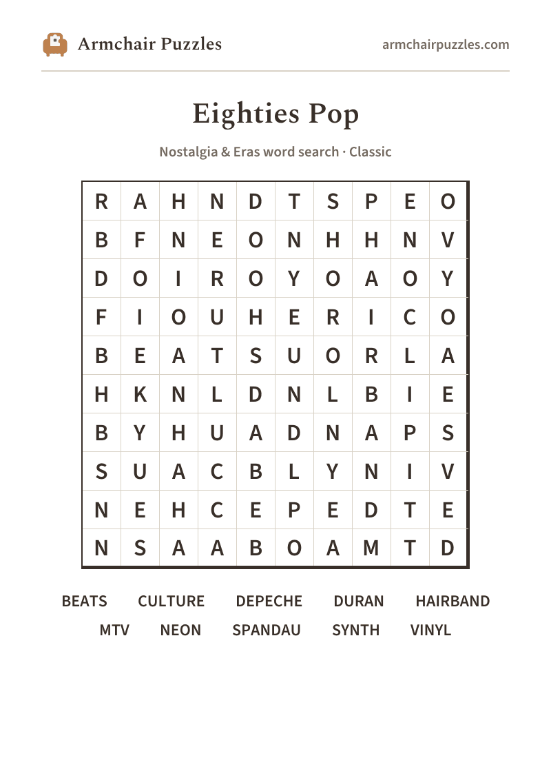 The printable Eighties Pop word search sheet