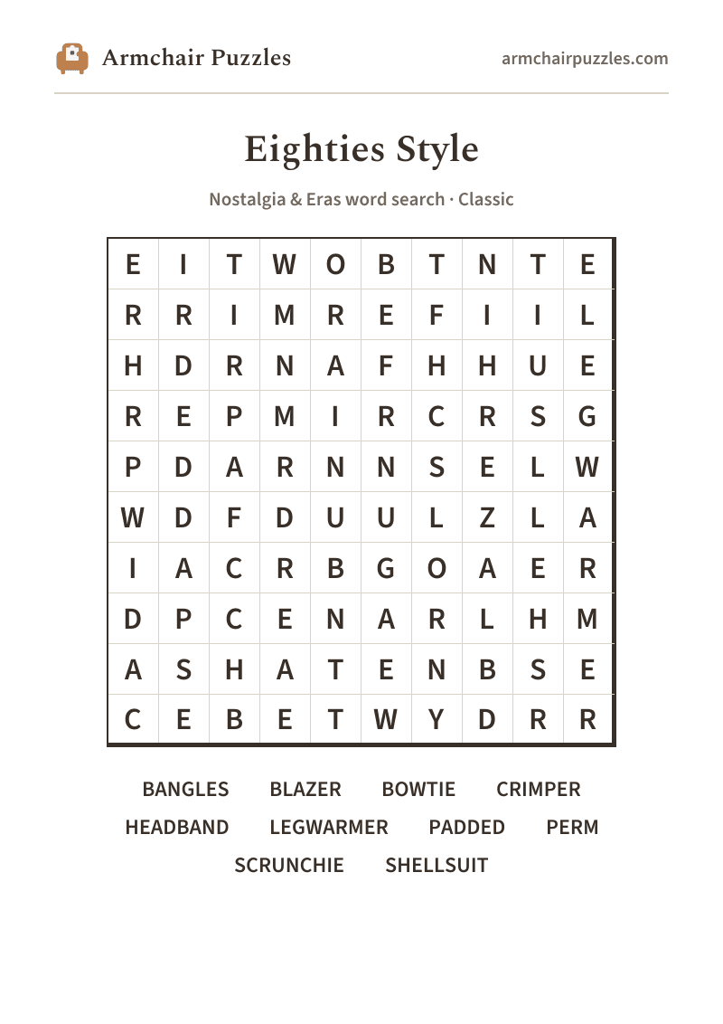 The printable Eighties Style word search sheet