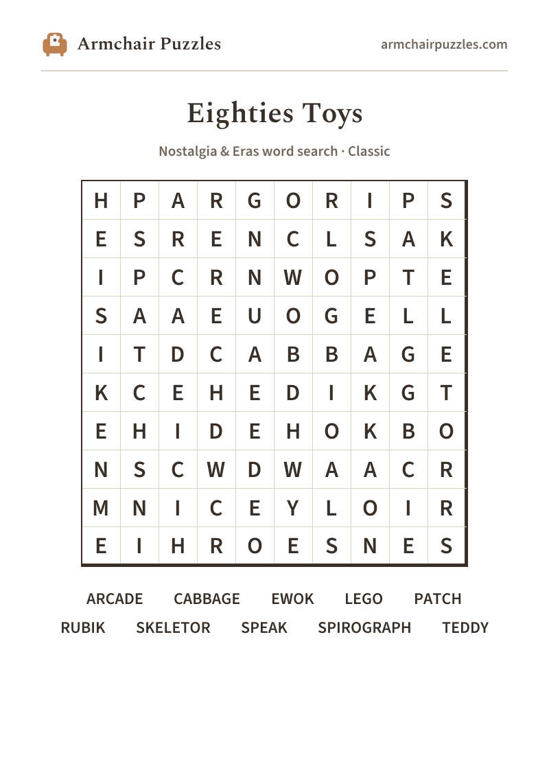 The printable Eighties Toys word search sheet