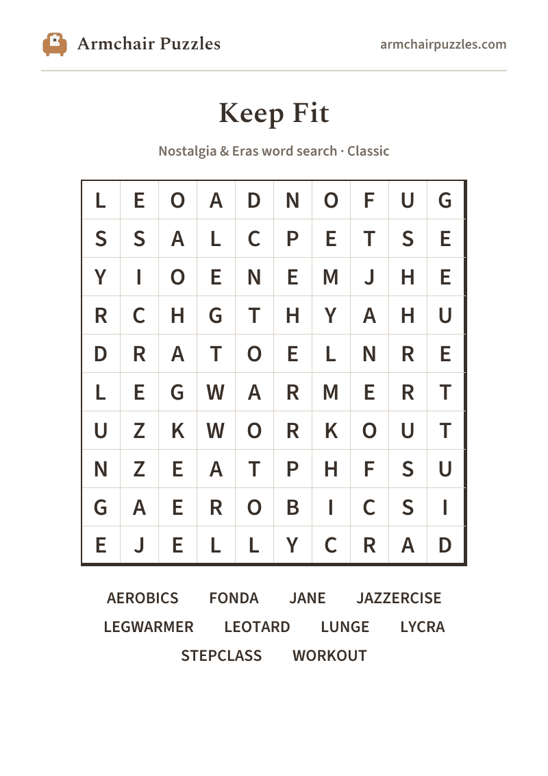 The printable Keep Fit word search sheet
