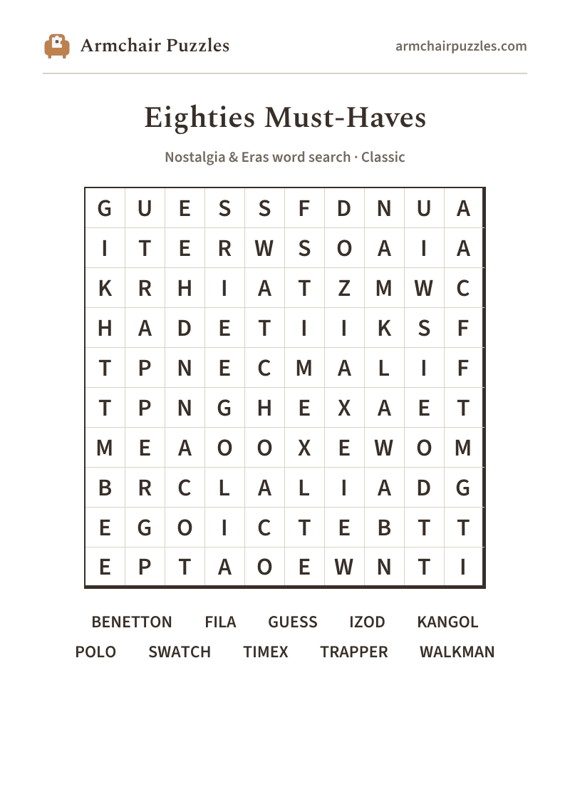 The printable Eighties Must-Haves word search sheet in large print