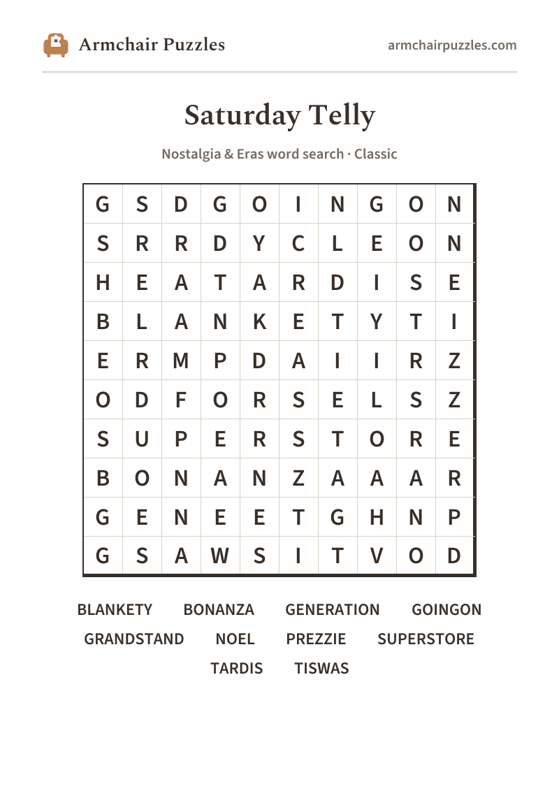 The printable Saturday Telly word search sheet