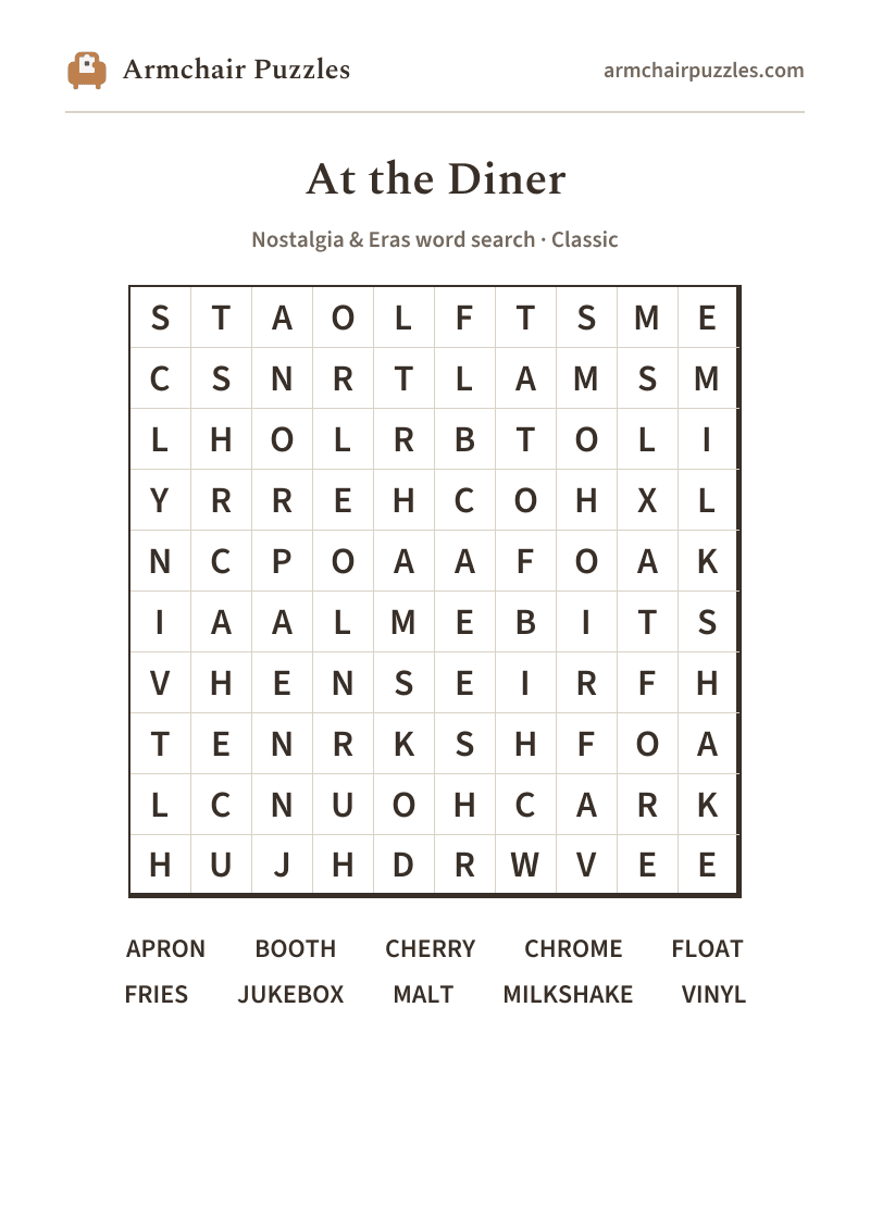 The printable At the Diner word search sheet