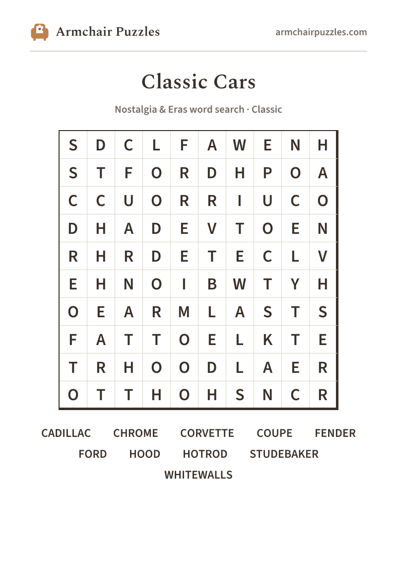 The printable Classic Cars word search sheet