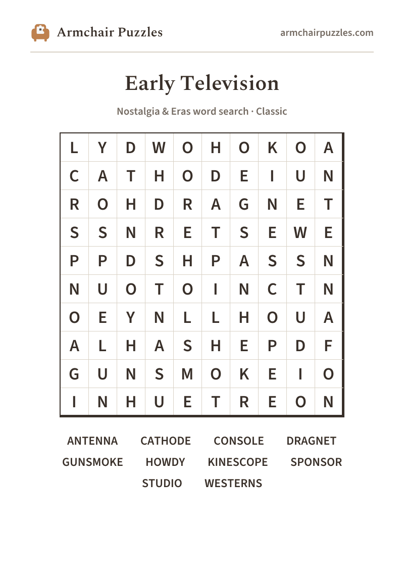 The printable Early Television word search sheet