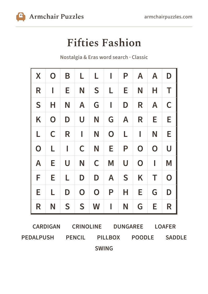 The printable Fifties Fashion word search sheet