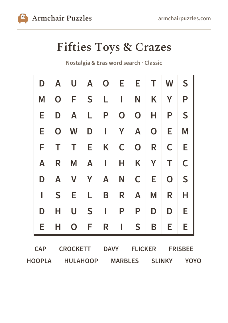 The printable Fifties Toys & Crazes word search sheet