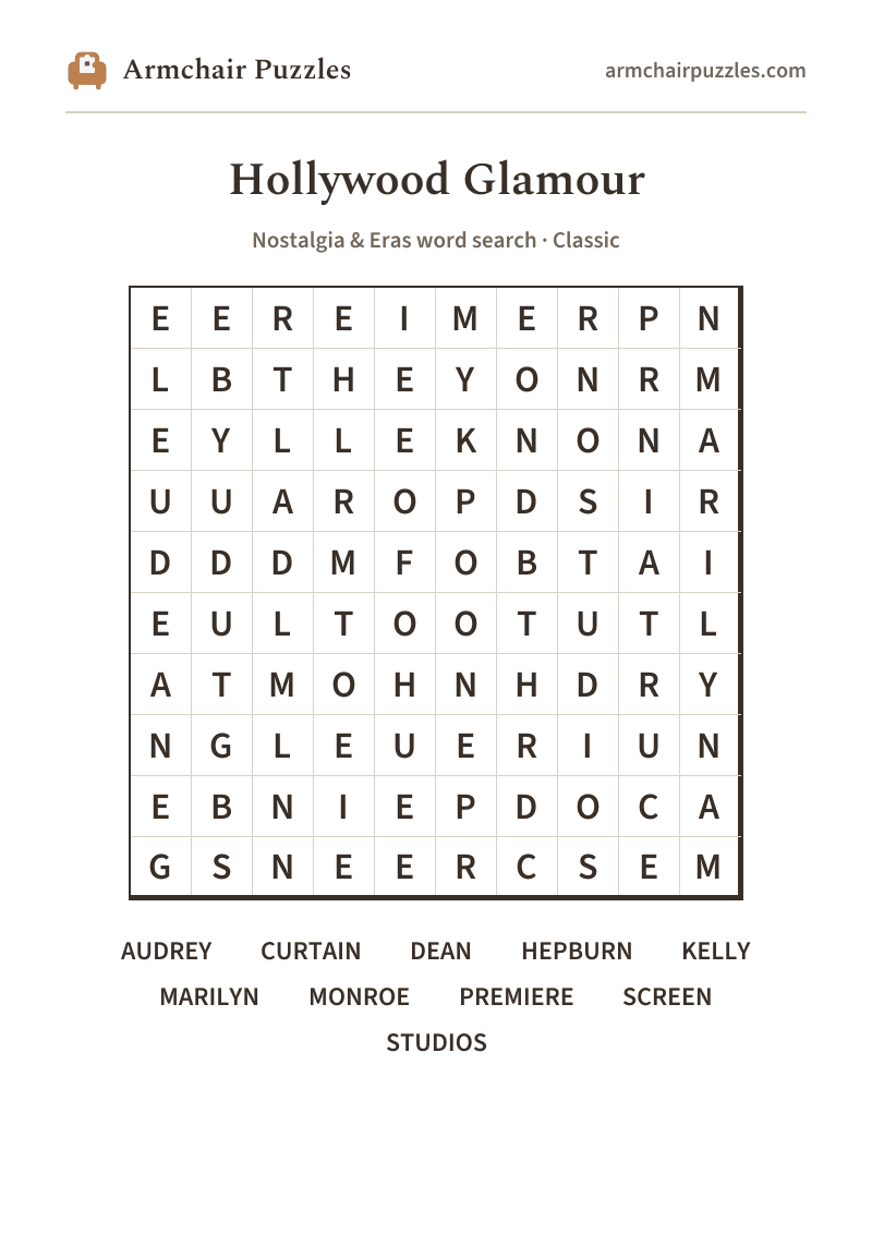 The printable Hollywood Glamour word search sheet in large print