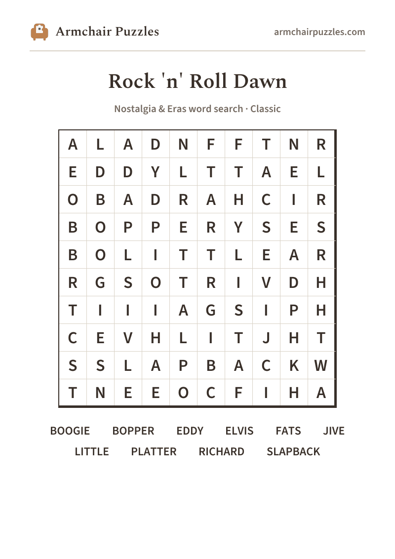 The printable Rock 'n' Roll Dawn word search sheet