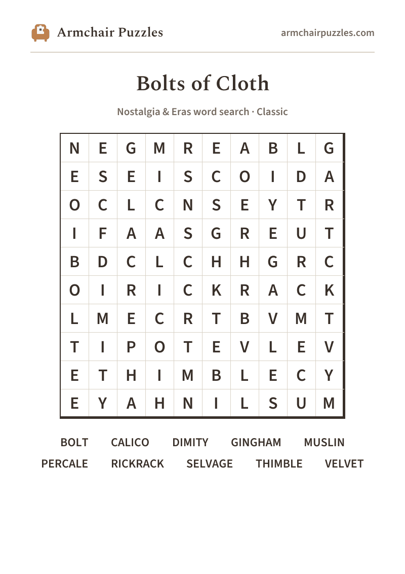 The printable Bolts of Cloth word search sheet