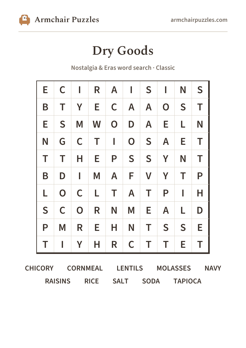 The printable Dry Goods word search sheet: large-print Classic grid with its word list