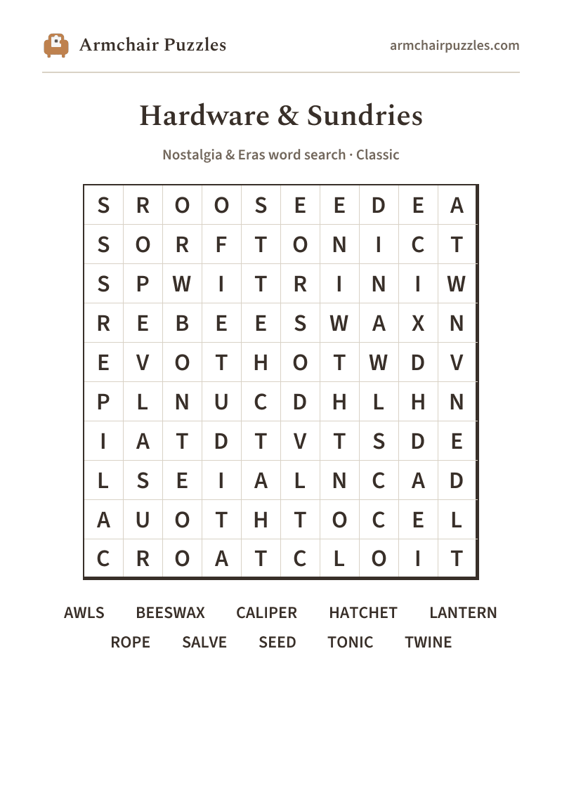 The printable Hardware & Sundries word search sheet