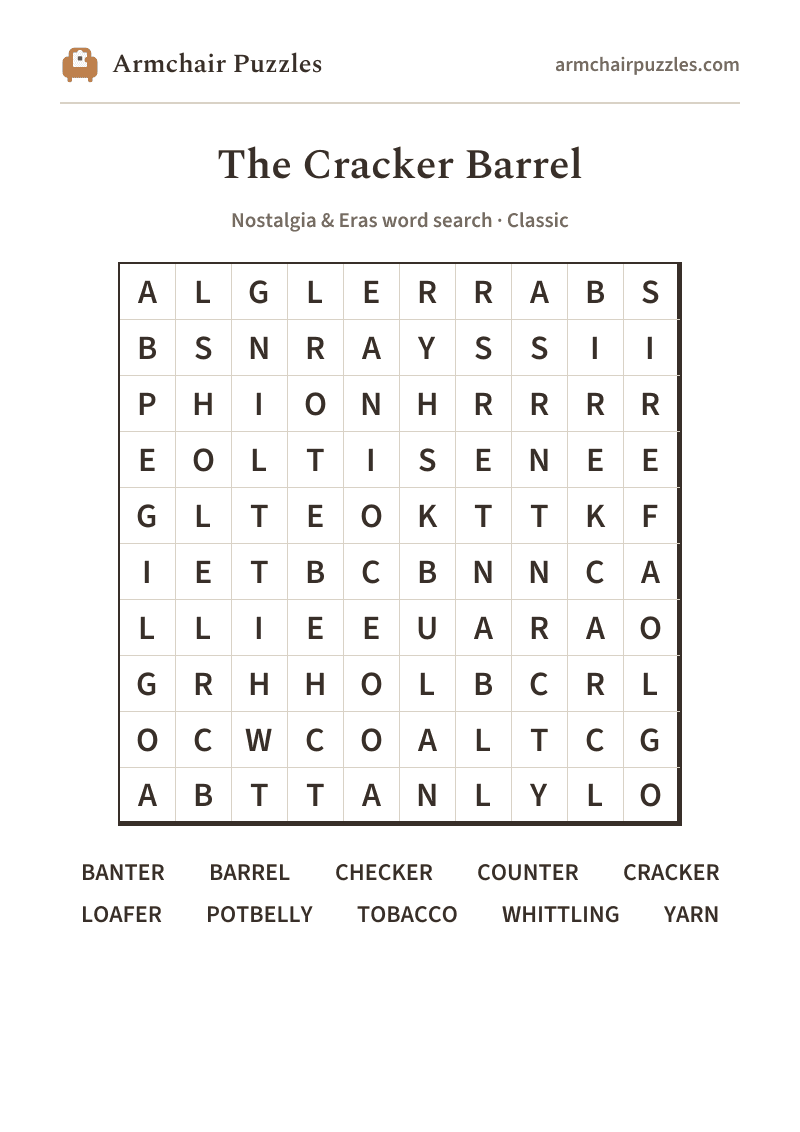 The printable The Cracker Barrel word search sheet: large-print Classic grid with its word list