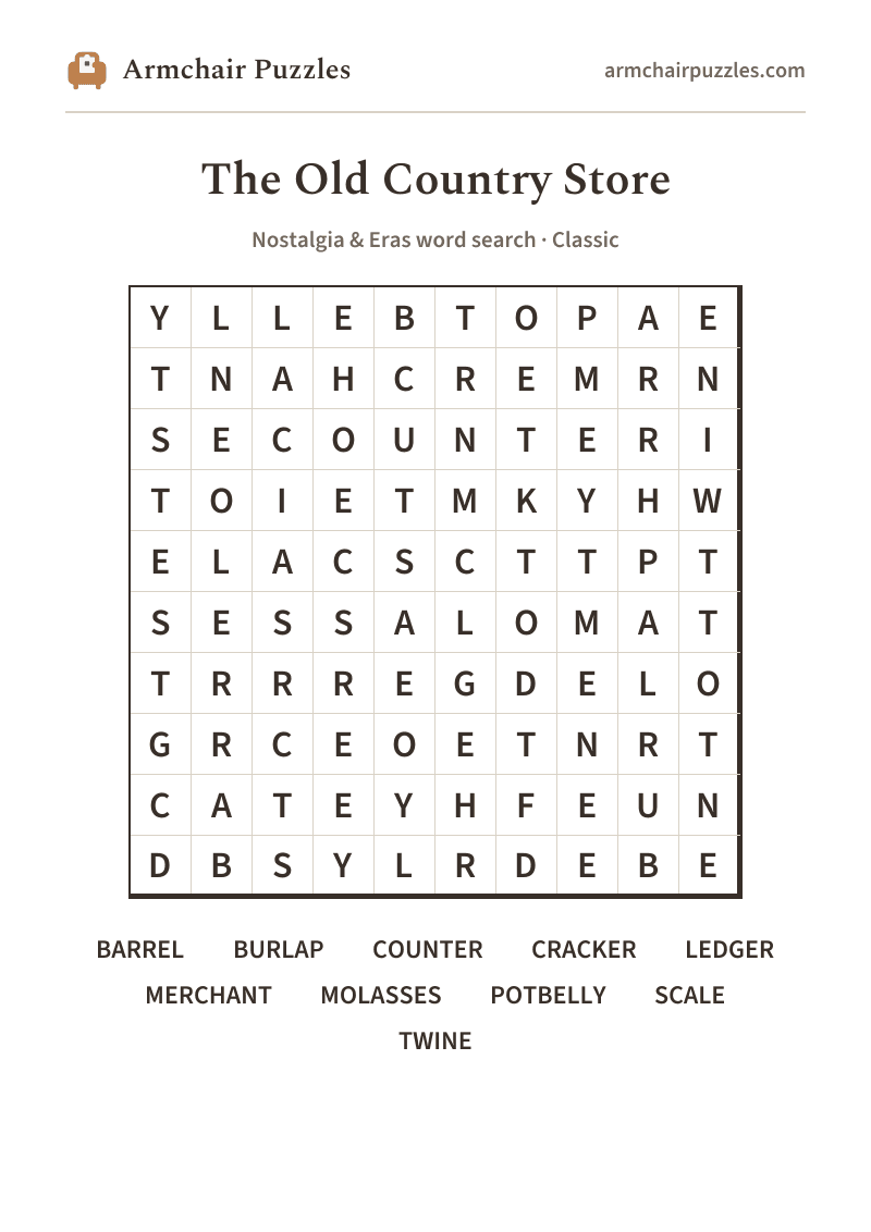 The printable The Old Country Store word search sheet