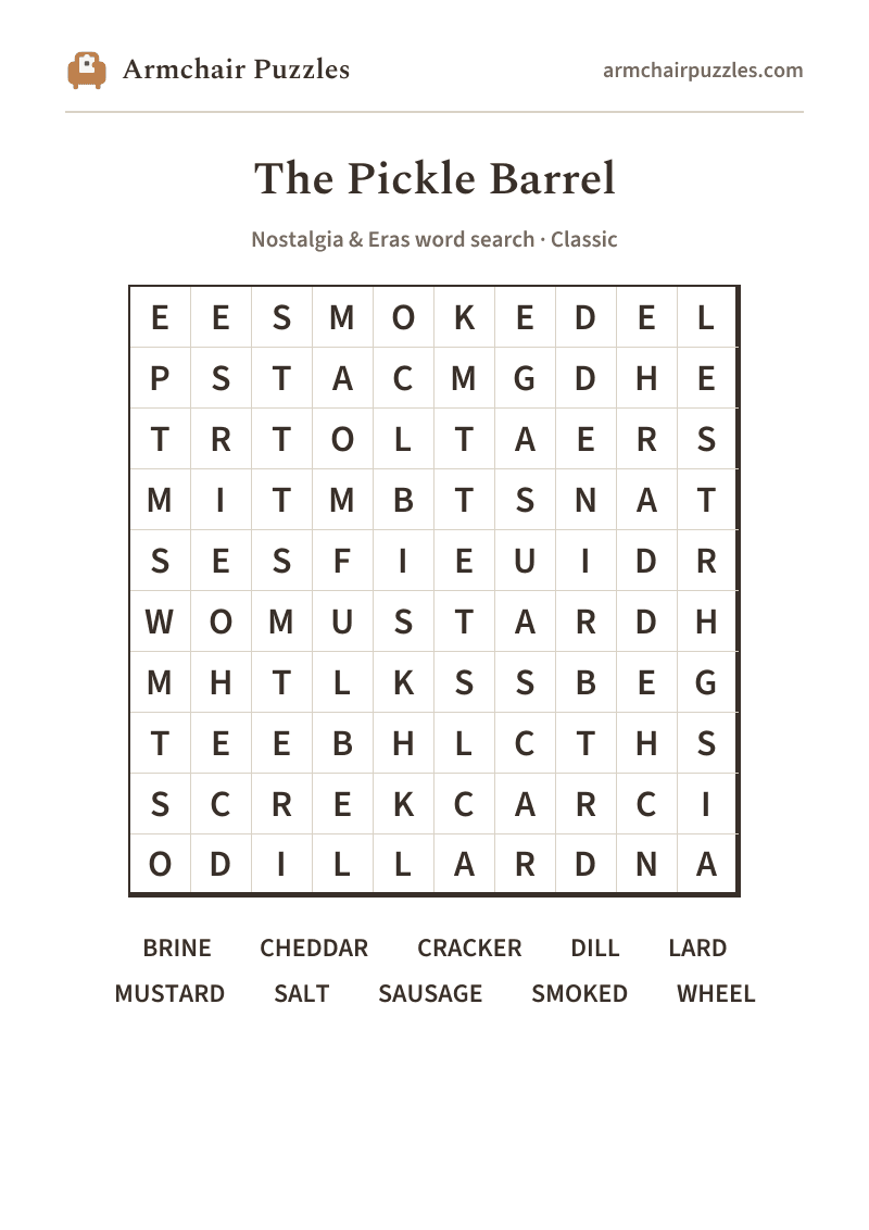 The printable The Pickle Barrel word search sheet: large-print Classic grid with its word list